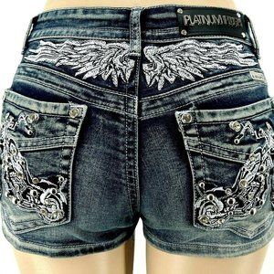 Platinum Plush Women's Motorcycle & Wings Rhinestone Denim Shorts #4547